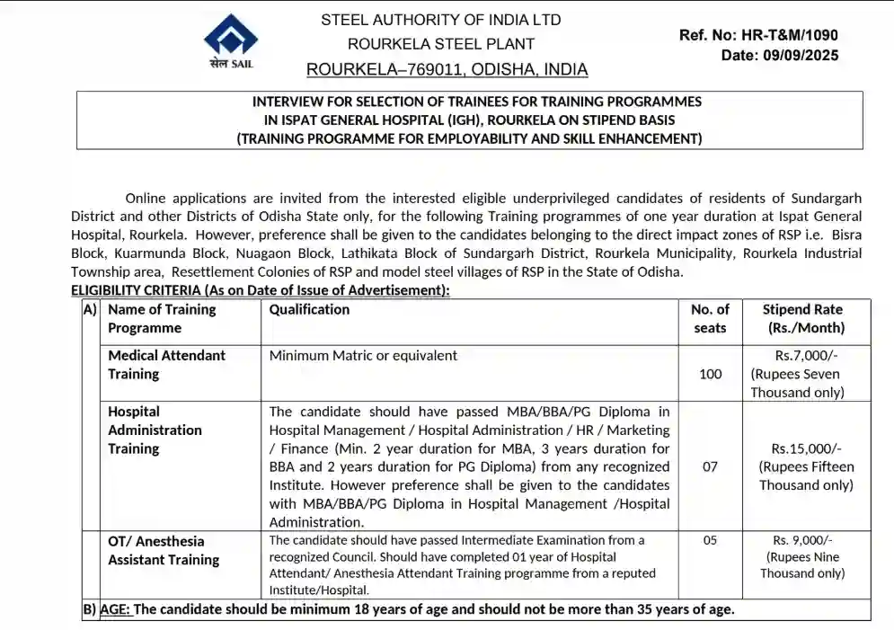 SAIL Rourkela Training Program 2025